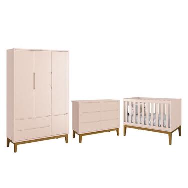 Imagem de Dormitório Completo Infantil Classic 3 Portas, Cômoda 6 Gavetas e Berço com Pés Amadeirado - Reller Móveis Rosa Fosco