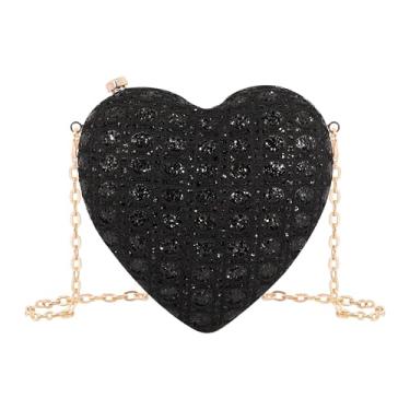 Imagem de Naimo Bolsa feminina de coração com strass para noite bolsa de ombro com corrente mini bolsa clutch casamento coquetel festa bolsa, Preto
