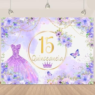 Imagem de Vestido de princesa roxo de 15 anos de aniversário de 15 anos, faixa de feliz aniversário de 15 anos, para meninas, floral, borboleta, quinze anos, pano de fundo roxo, decoração de festa, 18 x 1,5 m