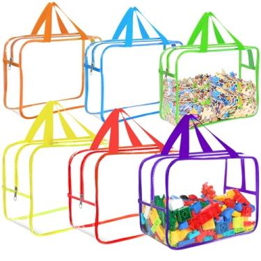 Imagem de Sacos grandes de armazenamento de brinquedos de 6 cores com etiquetas, armazenamento de jogos de tabuleiro de PVC transparente reutilizável, bolsas organizadoras de viagem à prova d'água com zíper
