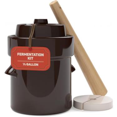 Imagem de Fermentation – Pote de louça para fermentação ou Pickling Kimchi, chucrute, picles, vegetais, kombucha – Fermentador de cerâmica de 1,8 litros com pesos, tampa e pote