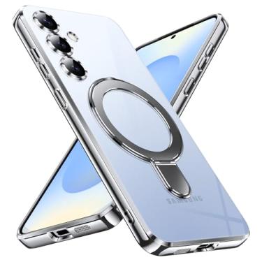 Imagem de YSLBWLE Capa ultrafina de TPU para Samsung Galaxy S25 com suporte magnético [à prova de choque de grau militar] Capa macia flexível antiamarelamento fina e suporte de 360° (prata) 28-s25-03