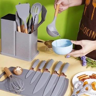 Imagem de Utensilios para Cozinha Silicone Kit com 19 Peças Cabo Madeira Conjunto Completo Espátula Concha Colher Jogo Suporte Faca Antiaderente Tabua Tesoura Faqueiro (PRETO) (Cinza)