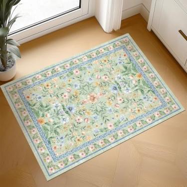 Imagem de Tapete de entrada verde boho lavável 5 cm × 7 cm pequeno tapete floral vintage rosa sujo azul tapete de porta entrada interior antiderrapante macio oriental colorido tapete cozinha entrada quarto