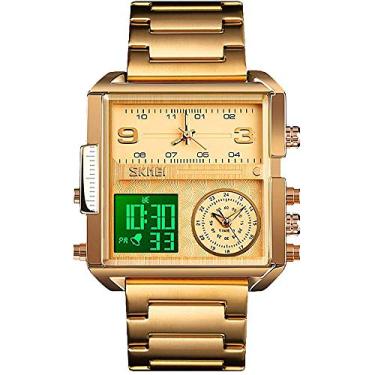 Imagem de MASTOP Relógio esportivo digital masculino com tela de LED quadrada, mostrador grande, relógios militares - Multifunções à prova d'água luminoso cronômetro de aço inoxidável, Dourado, Digital