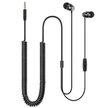 Imagem de TOCCOOL Fones de ouvido intra-auriculares com cabo de extensão de bobina de mola, fones de ouvido longos com fio, fones de ouvido estéreo macho de 3,5 mm com microfone, compatível com TV, computador