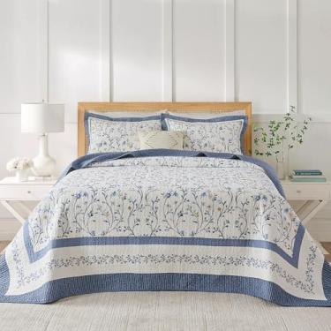 Imagem de QuiltMuse Colcha King Size 100% algodão 304,8 cm x 304,8 cm - Colcha King moderna leve e grande com 2 fronhas, capa de cama acolchoada King com estampa reversível, 3 peças, azul/amarelo