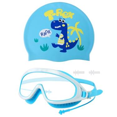 Imagem de Óculos de natação infantil com touca de natação, conjunto de toucas de natação para meninas e meninos, anti-nevoeiro anti-UV para crianças OGY03_Azul claro/azul dinossauro