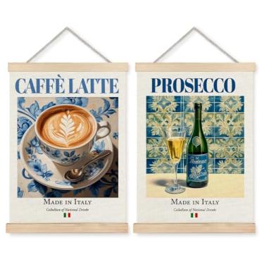 Imagem de Yomisex Pôster de arte de parede Italy Caffè Latte Prosecco, bebidas italianas tradicionais em azulejos de maiólica, arte de parede emoldurada para decoração de cozinha, café e bar de vinho, 30,5 x
