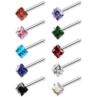 Imagem de Ruifan ASTM F136 Anéis de nariz de titânio 18 G, 20 G, 22 g, cor mista, quadrado, zircônia, nariz, parafuso, em forma de L, hipoalergênico, piercing corporal joia para mulheres 3 mm 10 peças, 18G