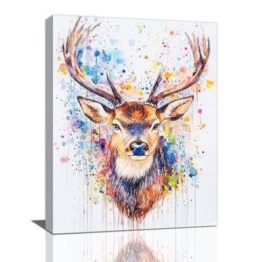 Imagem de Fleruku Arte de parede de veado em aquarela colorida decoração de parede de alce imagens de chifres pintura em tela de animais decorações de casa para sala de estar quarto banheiro escritório berçário