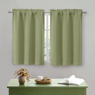Imagem de OWENIE Cortinas de cozinha verde sálvia 91 cm de comprimento, pequenas cortinas blackout com isolamento térmico camada sobre a pia, bolso para varão, meia janela para banheiro, quarto, acampamento