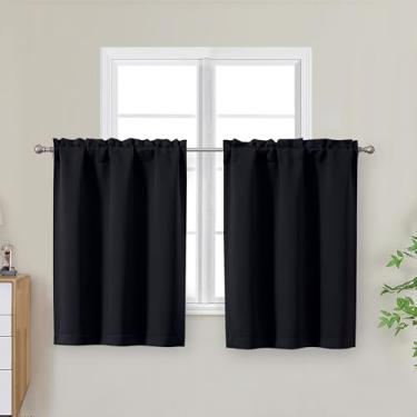 Imagem de OWENIE Cortinas pretas de cozinha, 76 cm de comprimento, pequenas cortinas blackout com isolamento térmico, camada sobre a pia, bolso para varão, meia janela, para banheiro, quarto, acampamento
