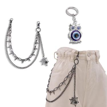 Imagem de XnxnzhHo Corrente de calça punk gótica com rebite e pingente de teia de aranha, acessório de corrente de jeans com chaveiro de coruja, metal preto, correntes de jeans de Halloween para mulheres e