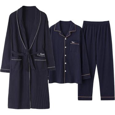 Imagem de Pijama masculino define algodão de manga comprida, manga longa de tecido de tecido de botão com roupão de banho e calça superior de 3, azul escuro 3, xxl