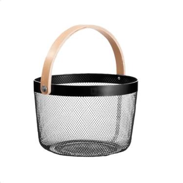 Imagem de Cesto Organizador Multiuso Redondo Metal Aramado Telado com Alça de Madeira Caixa Decorativa Fruteira Piquenique Cozinha Livros Brinquedos (Preto)
