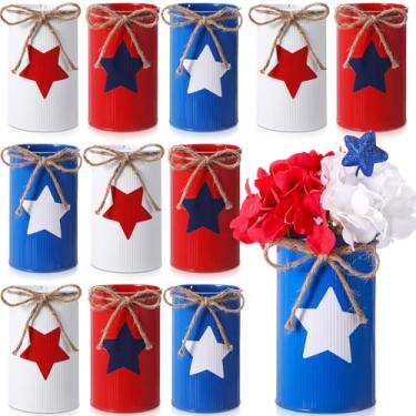Imagem de Domensi 12 peças de centro de mesa 4 de julho vaso patriótico decoração vasos de metal galvanizado para flores, vermelho, branco, azul, porta-utensílios para cozinha, casa, dia da independência