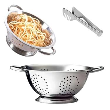Imagem de Escorredor de Massa Macarrão em Aço Inoxidável 28cm Grande Conjunto com 2 Peças, Pegadores Duplos