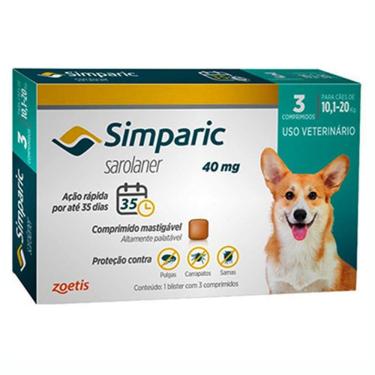 Imagem de Simparic Antipulgas e Carrapatos 40mg Para Cães de 10,1 a 20kg 3 Comprimidos