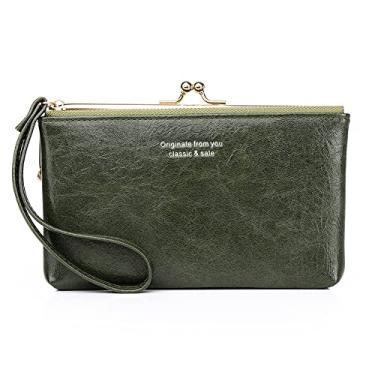 Imagem de Yohora Bolsa de mão clutch fina de couro com fecho de beijo e bolso para celular retrô leve bolsa de moedas pura, Verde, Small, Casual