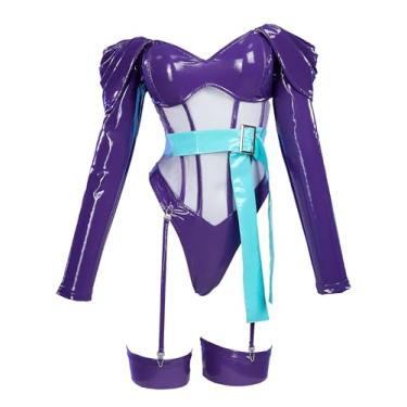 Imagem de Mobbunny Fantasia feminina de anime cosplay roxo sexy couro macacão recorte lingerie body com cinto (roxo, grande)