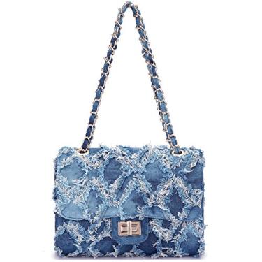 Imagem de MKP Bolsa feminina pequena de ombro acolchoada crossbody jeans envelhecida bolsa de mão para noite bolsa clutch com alça de corrente, azul jeans, 10"W x 8"H x 3.5"D, Ocidente