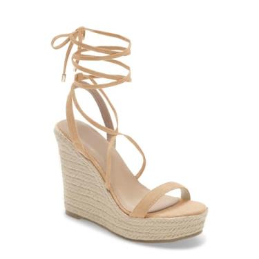 Imagem de Coutgo Sandálias Femininas De Verão, Alpargatas, Plataforma, Com Cadarço, Tira Cruzada No Tornozelo, Estilo Slingback, Cáqui, Tamanho 9