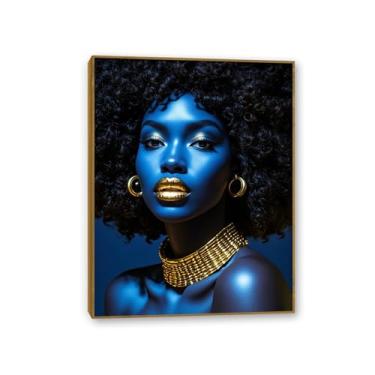 Imagem de Arte de parede em tela emoldurada preta africana azul preta decoração de parede feminina africana retrato meditação vertical pintado quadro 50 x 40 cm (20 x 16 pol) moldura de teca