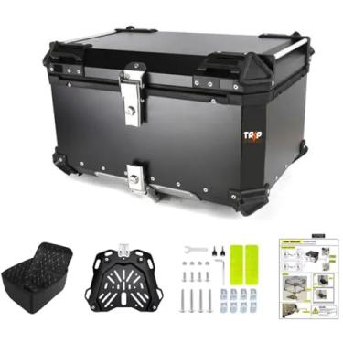 Imagem de Baú Traseiro Moto Alumínio 65 Litros Suporte Universal Impermeável Reforçado Seguro Bagageiro Universal Top Case Grande Comporta 2 Capacetes Grande Capacidade (Preto)