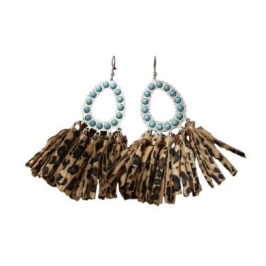Imagem de Brincos longos de couro com franja boêmia, estampa de leopardo, brincos feitos à mão, turquesa, joias vintage para mulheres, Zinco, Sem pedra preciosa