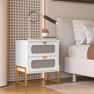 Imagem de Mesa de Cabeceira Titanium Estilo Industrial com Pés de Ferro - Branco / Dourado