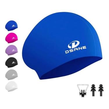 Imagem de Dsane Touca De Natação Feminina Silicone Para Cabelos Longos, Com Design Ergonômico 3D Mulheres, Crianças, Homens, Adultos, Meninos E Meninas, Protetor Auricular Clipe Nasal (Azul/G)