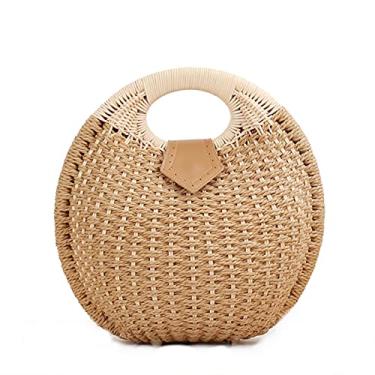 Imagem de Bolsas de palha para mulheres, bolsa de palha tecida à mão com alça de anel, bolsa retrô de verão e praia de rattan., Marrom claro, 11*10.23*5.9 inches(L*W*H)