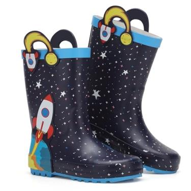Imagem de FUNCOO PLUS Botas De Chuva Infantis Borracha À Prova D'Água Para Meninos E Meninas Com Alças Em Padrão Divertido, Foguete, Tamanho Infantil 13