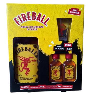 Imagem de Kit Licor Fireball 750ml + 2 Miniaturas 50ml + Copo De Shot