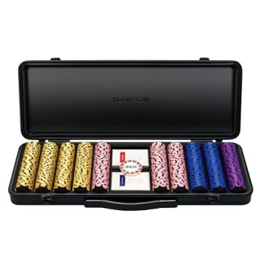 Imagem de SLOWPLAY Nash Conjunto de fichas de pôquer de argila de 14 g – Conjunto central de 500 peças para Texas Hold'em | Fichas numeradas: 5, 25, 100, 500 | Capa premium com revestimento de policarbonato
