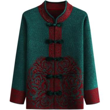 Imagem de Mãe Idosa De Meia-idade Cardigan Suéter De Malha Feminina Outerwear Retro Single Breasted Outono Inverno Camisola Jaqueta Estilo Chinês Solto Quente Vovó Cardigan De Malha, Blue, 4XL