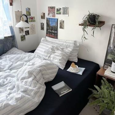 Imagem de MKXI Conjunto de capa de edredom tamanho solteiro - 100% algodão lavado, roupa de cama listrada azul e branca, conjunto de 3 peças macio e respirável com fecho de zíper e laços de canto, estilo