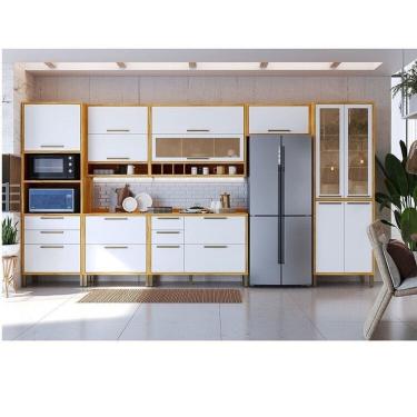 Imagem de Cozinha Modulada Completa 7 Peças 14 Portas e Vidro Reflecta 429cm 100% Mdf Vicenza Espresso Móveis Amêndoa/Branco