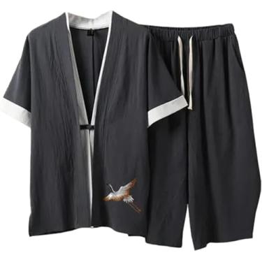 Imagem de Pijama Masculino De 2 Peças Terno De Verão Camisola De Algodão Pijama De Manga Curta Shorts Pjs Conjunto Com Bolsos, Grey, L