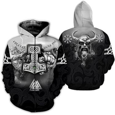 Imagem de Homens Viking Odin 3d Tatuagem Martelo De Thor Moletom Cinza, Mitologia Nórdica Moletom Casual Solto Moda Outono Pulôver Em Mais De Casal Jaqueta Bolso Canguru, Zip, XXL
