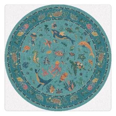 Imagem de Tapete macio de borracha antiderrapante de lã sintética lavável com animais marinhos para sala de jogos, banheiro, sala de estar, quarto, cabeceira, praia, fofo, náutico, berçário (turquesa, 1,8 m