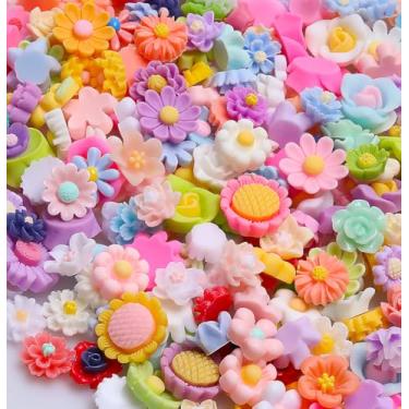 Imagem de 200 peças de pingentes de flores de geleca de resina plana para artesanato, cabochão fofos, vários enfeites de flores, pingentes de geleca para scrapbooking, clipe de cabelo, capa de telefone