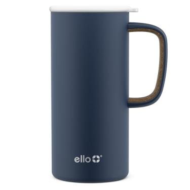 Imagem de Ello Caneca de viagem Campy isolada a vácuo com tampa deslizante à prova de vazamento e alça de transporte confortável, perfeita para café ou chá, sem BPA, azul-marinho fosco, 510 g