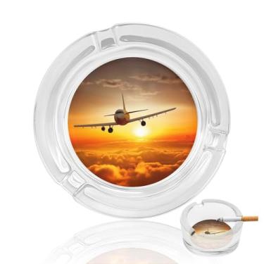 Imagem de Cinzeiro de vidro de cristal de avião ao pôr do sol, cinzeiro redondo de vidro resistente para fumar cinzeiro portátil decorativo moderno para uso em casa, escritório, interior, exterior, pátio
