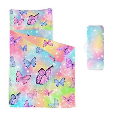 Imagem de Datura home Tapete de soneca espacial – Saco de dormir de borboleta em aquarela com travesseiro removível – creche e festas do pijama pré-escola jardim de infância para crianças meninos meninas (borboleta de 152 cm x 53 cm)