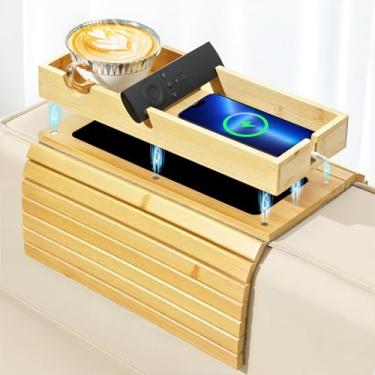 Imagem de Luxspire Bandeja de braço de sofá, bandeja magnética removível 2 em 1 para apoio de braço com suporte de copo e suporte de telefone, suporte dobrável de bambu para sofá para controles remotos
