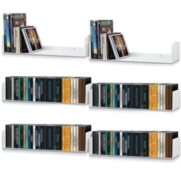 Imagem de Yalikop Pacote com 6 prateleiras flutuantes de CD DVD em forma de U, organizador de armazenamento de DVD de metal, estante de parede branca para capas de filmes para sala de estar, quarto, banheiro