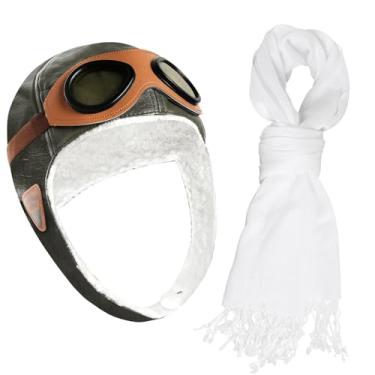 Imagem de Pistha Pilot Aviator Costume for Kids Retro Aviator Hat Pilot Hat with Goggles and Withe Scarf for Birthday Party Halloween Cosplay, Blcak