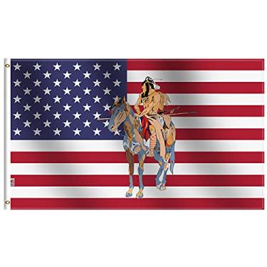 Imagem de Bandeira de cavalo indígena dos EUA, 9,5 x 1,5 m, grande, novo, em ambos os lados, tecido de seda suave 100D para bandeira de tribo indígena indígena indígena moderada, externa e interna, faixa de 9,5